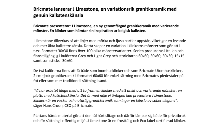 Bricmate lanserar J Limestone, en variationsrik granitkeramik med genuin kalkstenskänsla