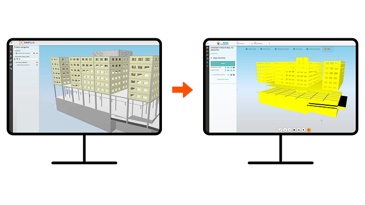 Allplan Bimplus fournit des applications telles que SCIA AutoConverter qui convertit les modèles d'architecture et de construction en modèles pour l'analyse structurelle. 