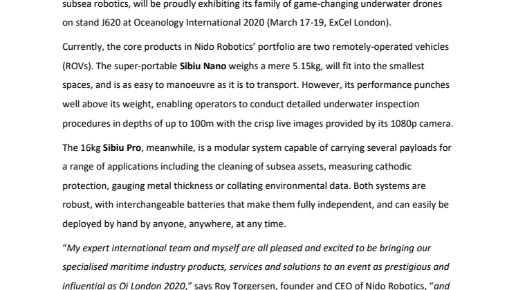 Nido Robotics to showcase its underwater drone family at Oceanology International London 2020