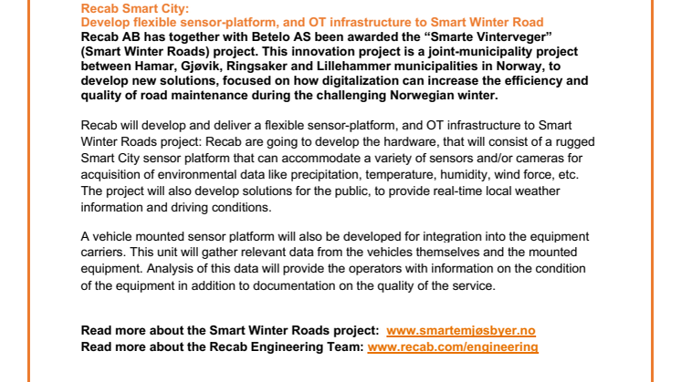 Recab Smart City: Develop flexible sensor-platform, and OT infrastructure to Smart Winter Roads project