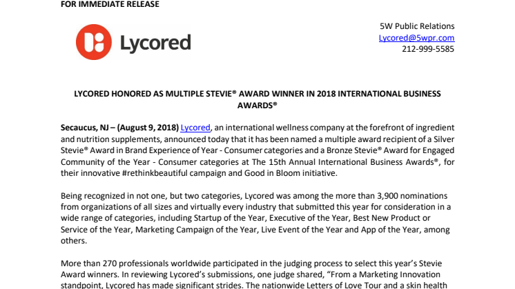 PRESS RELEASE: Lycored Honored as Multiple Stevie® Award Winner in 2018 International Business Awards®