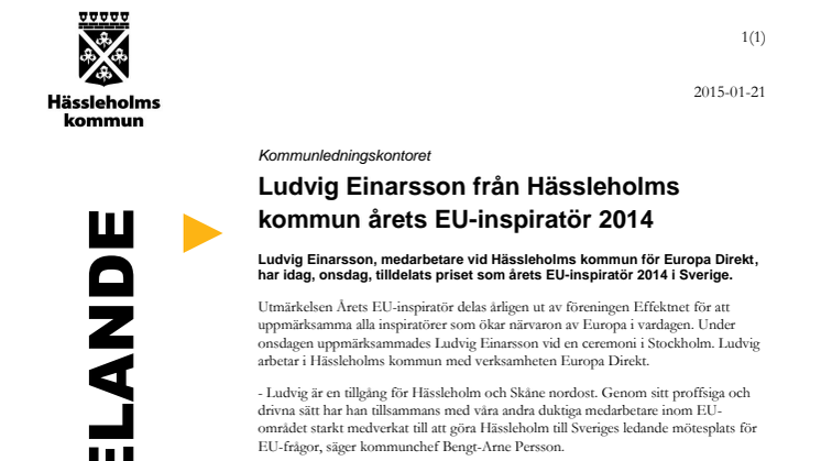 Ludvig Einarsson från Hässleholms kommun årets EU-inspiratör 2014