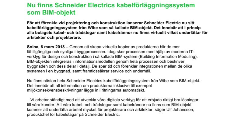 Nu finns Schneider Electrics kabelförläggningssystem som BIM-objekt