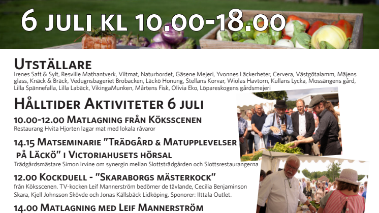 Detaljerat program matmarknad Läckö Slott 6 juli