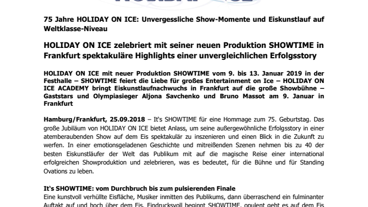 HOLIDAY ON ICE zelebriert mit seiner neuen Produktion SHOWTIME in Frankfurt spektakuläre Highlights einer unvergleichlichen Erfolgsstory