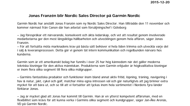 Jonas Franzén blir Nordic Sales Director på Garmin Nordic 