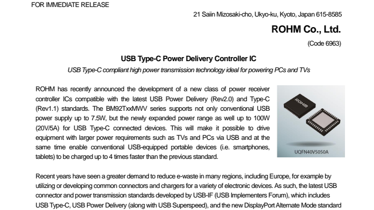 USB Type-C Power Delivery Controller IC -- USB Type-C compliant high power transmission technology ideal for powering PCs and TVs