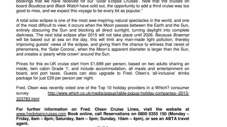 Fred. Olsen Cruise Lines adds a third ‘Solar Eclipse Cruise’  due to huge demand
