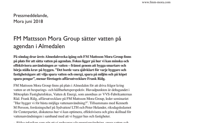 FM Mattsson Mora Group sätter vatten på agendan i Almedalen