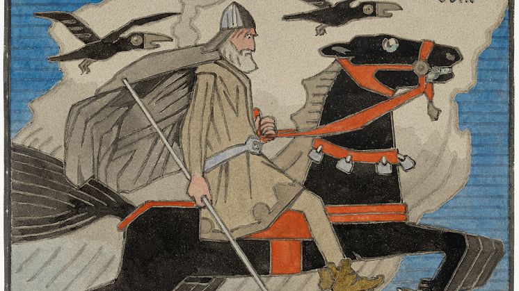 Nasjonalgalleriets store sommerutstilling viser over 200 arbeider av Gerhard Munthe. Her "Odin på Sleipner", akvarell, ca 1901. Foto: Dag Fosse /KODE Kunstmuseer og komponisthjem.