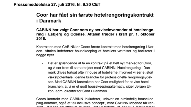 Coor har fået sin første hotelrengøringskontrakt i Danmark