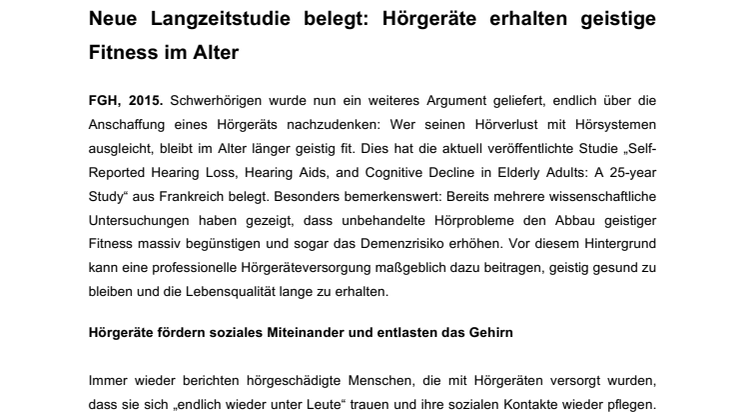 Neue Langzeitstudie belegt: Hörgeräte erhalten geistige Fitness im Alter