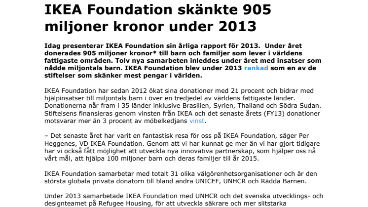 IKEA Foundation skänkte 905 miljoner kronor under 2013