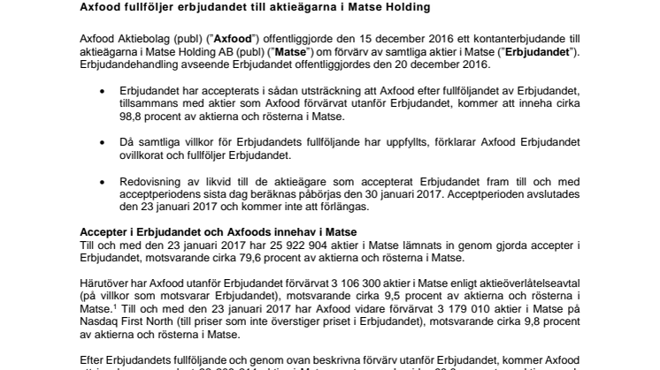 Axfood fullföljer erbjudandet till aktieägarna i Matse Holding