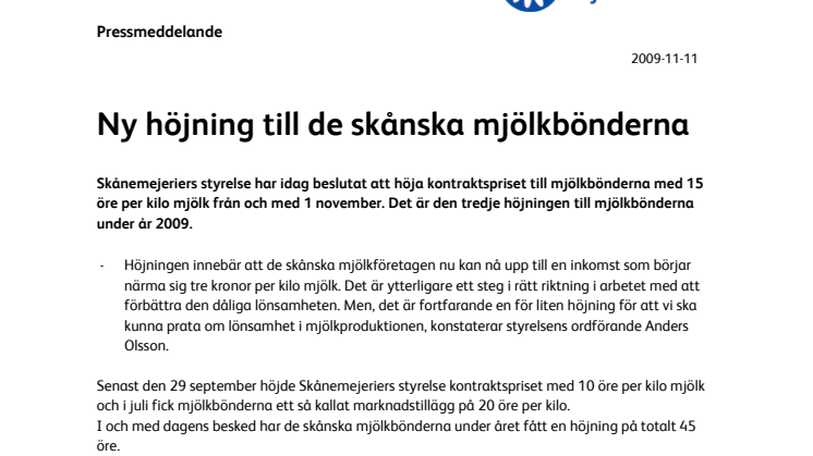 Ny höjning till de skånska mjölkbönderna