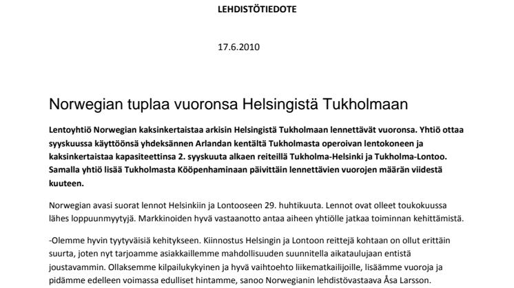 Norwegian tuplaa vuoronsa Helsingistä Tukholmaan