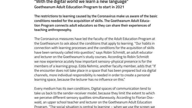 “With the digital world we learn a new language”: Goetheanum Adult Education Program to start in 2021