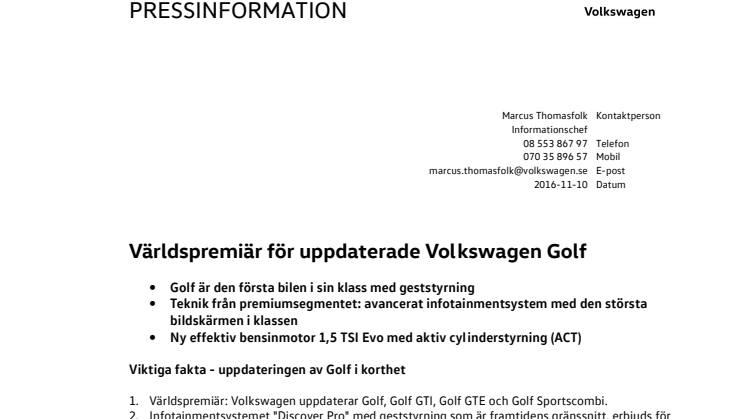 Världspremiär för uppdaterade Volkswagen Golf