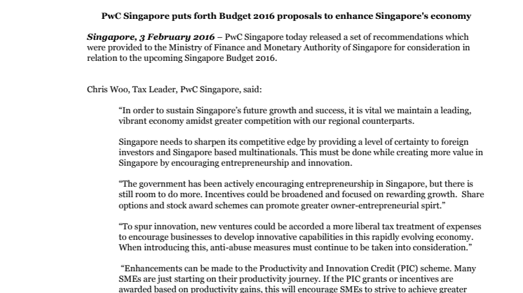 PwC Singapore puts forth Budget 2016 proposals to enhance Singapore's economy 