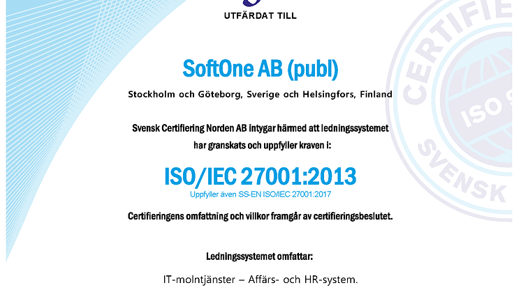 SOFTONE UPPFYLLER DE HÖGA KRAVEN FÖR CERTIFIERINGEN AV ISO27001 VID ÄNNU EN REVISION OCH KAN DÄRMED BEFÄSTA SIN POSITION SOM EN I SÄRKLASS SÄKER MJUKVARULEVERANTÖR.