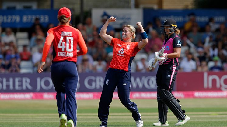 Katherine Brunt celebrates her double strike. Photo: Getty Images