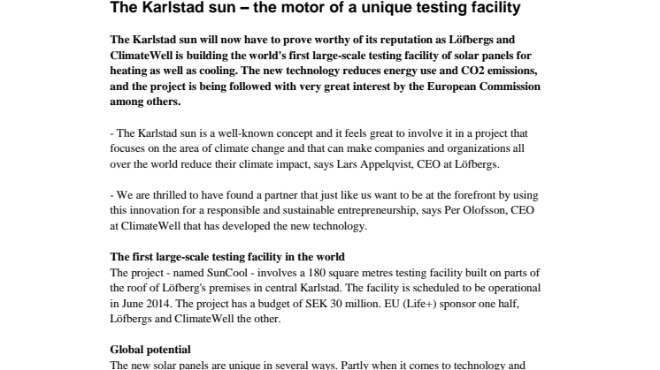 The Karlstad sun – the motor of a unique testing facility 