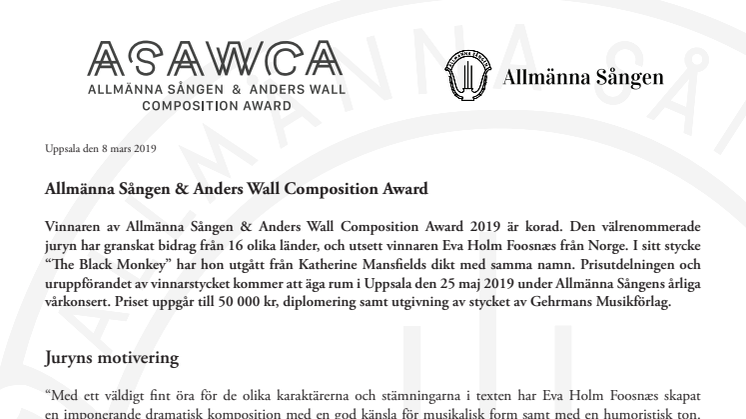 Vinnaren av Allmänna Sången & Anders Wall Composition Award 2019 är korad