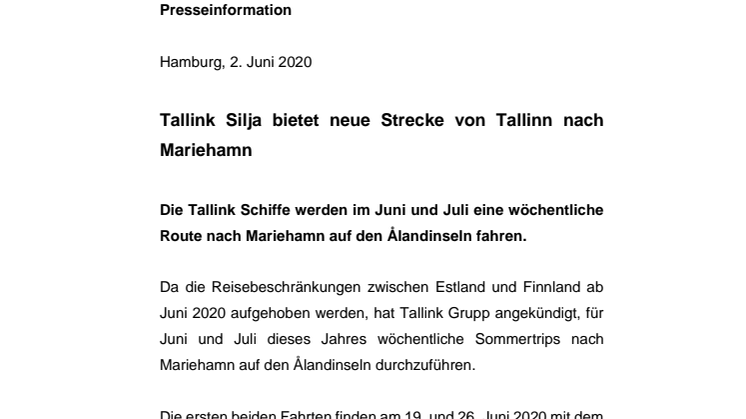 Tallink Silja bietet neue Strecke von Tallinn nach Mariehamn