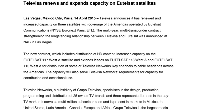 Televisa renews and expands capacity on Eutelsat satellites