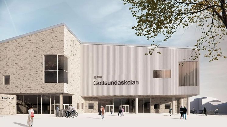 Gottsundaskolan och dess skolgård har skapats utifrån ledorden nordisk natur, skandinavisk design och urbanism. Bild: Arkitekterna Krook & Tjäder i Uppsala AB