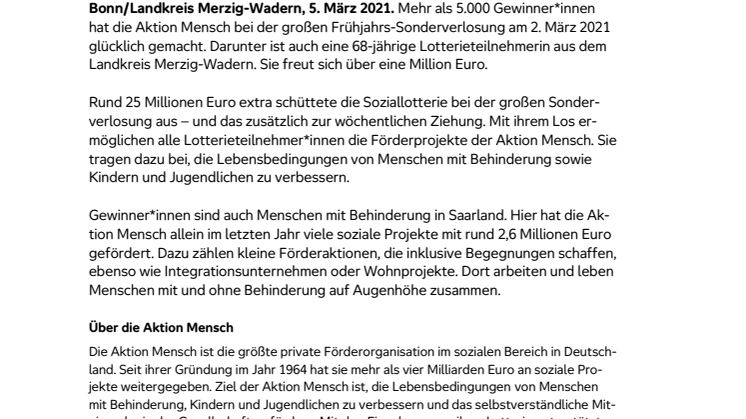 Landkreis Merzig-Wadern:  Glückspilz gewinnt 1 Million Euro bei der Frühjahrs-Sonderverlosung der Aktion Mensch