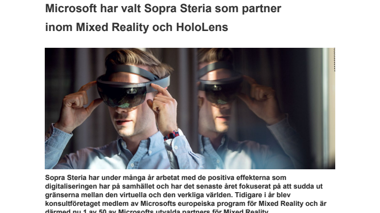 Microsoft har valt Sopra Steria som partner  inom Mixed Reality och HoloLens