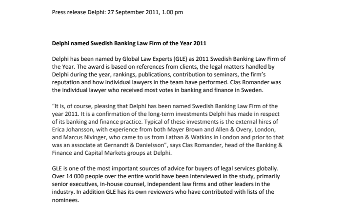 Delphi named Swedish Banking Law Firm of the Year 2011