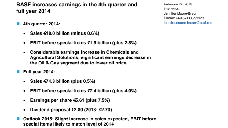 BASF øger indtjeningen i fjerde kvartal og for hele året 2014