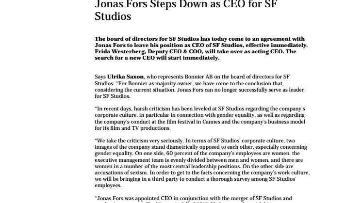 Jonas Fors Steps Down as CEO for SF Studios