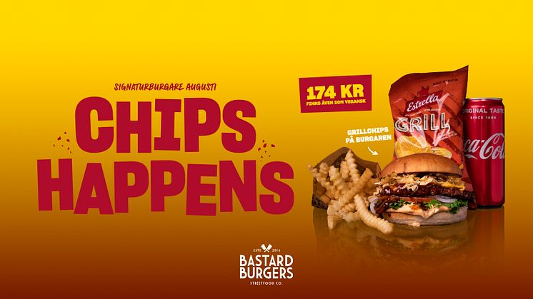 Augustis signaturburgare på Bastard Burgers med Grillchips från Estrella, 2021