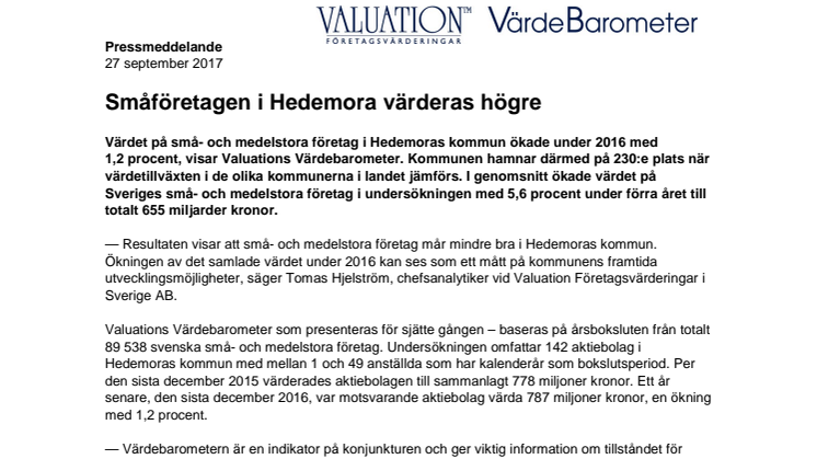 Värdebarometern 2017 Hedemoras kommun