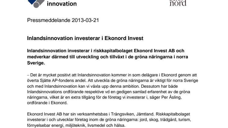 Inlandsinnovation investerar i Ekonord Invest   