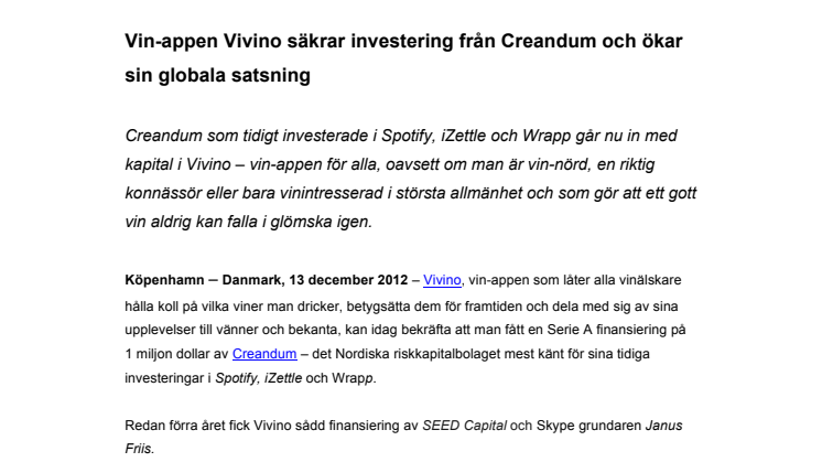 Vin-appen Vivino säkrar investering från Creandum och ökar sin globala satsning