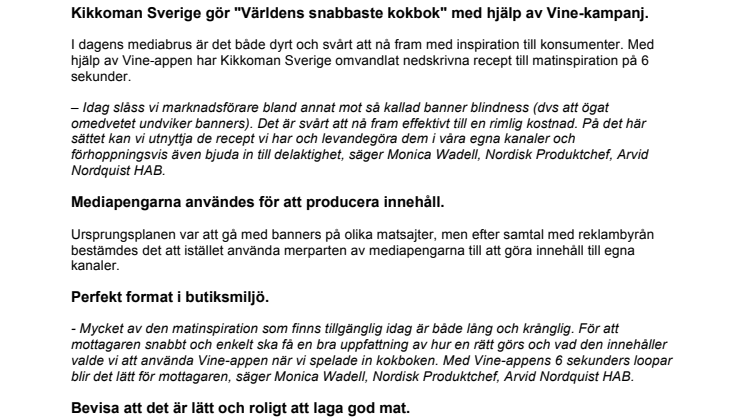 Kikkoman Sverige gör "Världens snabbaste kokbok" med hjälp av Vine-kampanj.