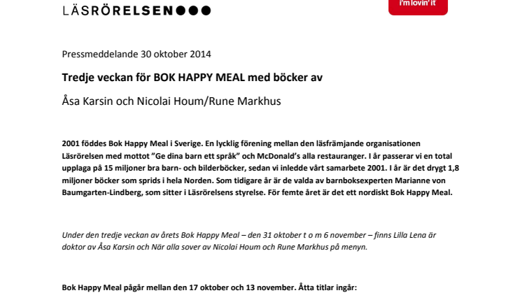 Tredje veckan av BOK HAPPY MEAL med böcker av Åsa Karsin och Nicolai Houm/Rune Markhus 