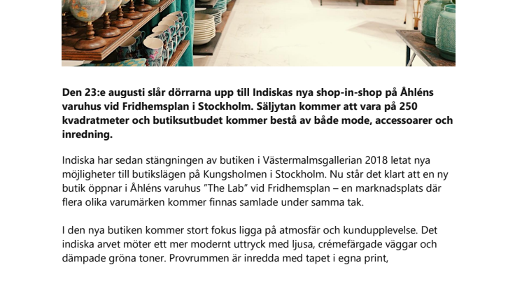 Indiska öppnar shop-in-shop på Åhléns