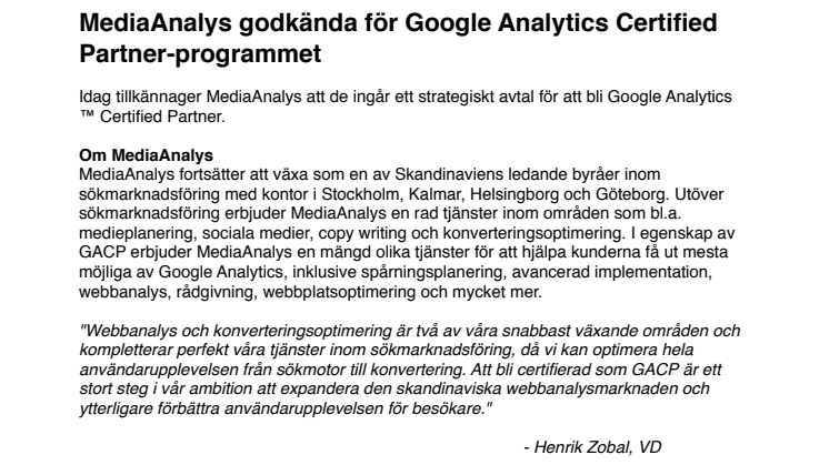 MediaAnalys godkända för Google Analytics Certified Partner-programmet