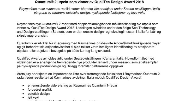 Raymarine: Quantum® 2 utpekt som vinner av QualiTec Design Award 2018 