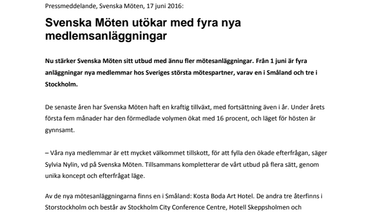 Svenska Möten utökar med fyra medlemsanläggningar