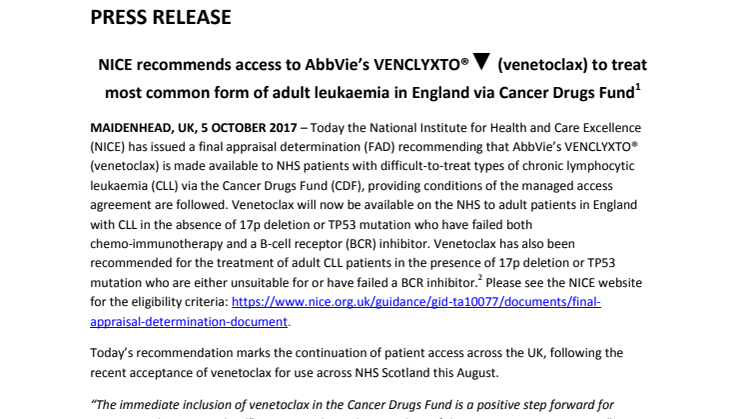 NICE recommends access to AbbVie’s VENCLYXTO®▼   (venetoclax) to treat most common form of adult leukaemia in England via Cancer Drugs Fund  