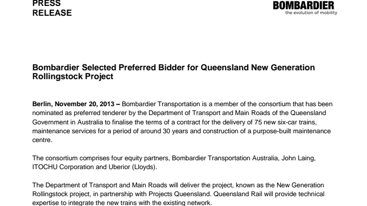 Bombardier utvalt för regionaltågsprojekt i Australien  