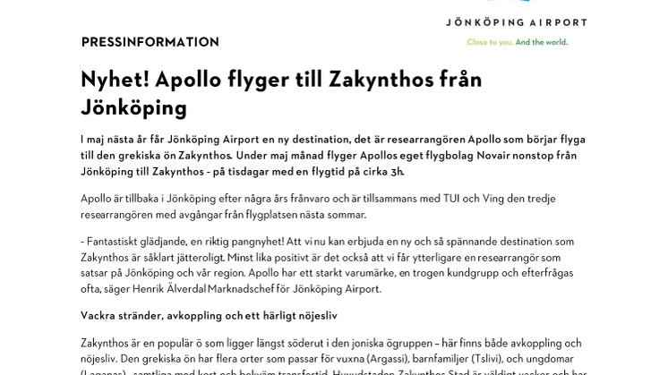 Nyhet! Apollo flyger till Zakynthos från Jönköping