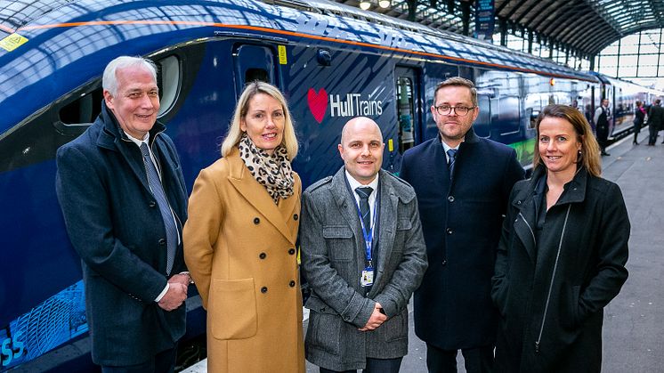 Steve Montgomery, MD First Rail, Louise Cheeseman, MD Hull Trains, Richard Vernon, Fleet Project Engineer Hull Trains, Jim Brewin, Project Director Hitachi Rail, Susan Holliday, Angel Trains  