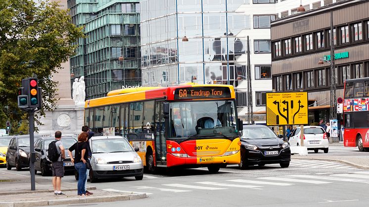 Public transport bus in service near the Central station in Copenhagen.